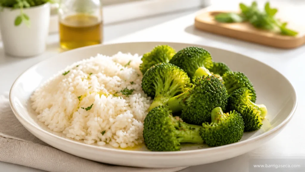 Arroz com brócolis em prato saudável para emagrecimento