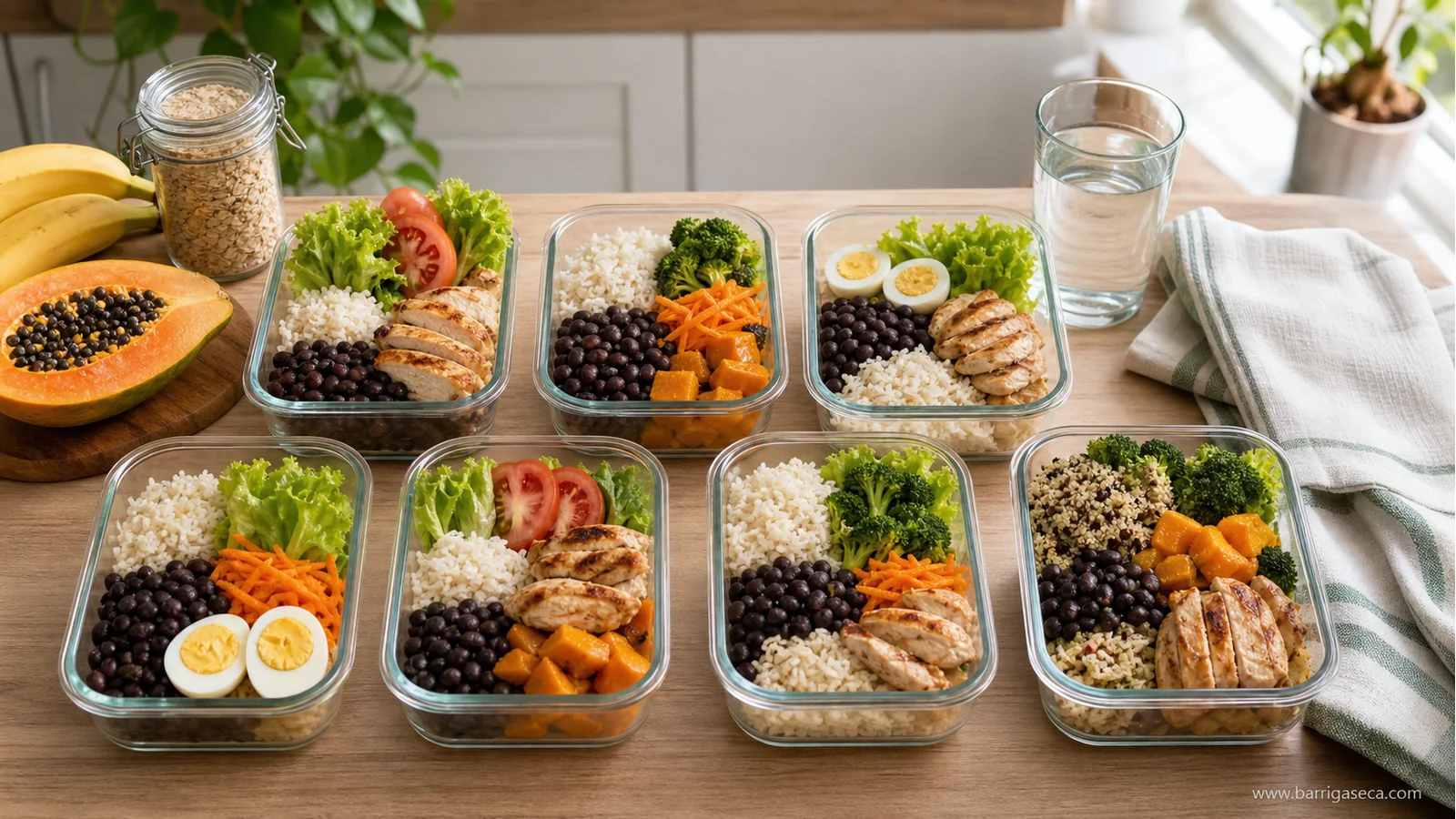 Cardápio simples para perder barriga em 7 dias com arroz, feijão, frango, legumes e frutas