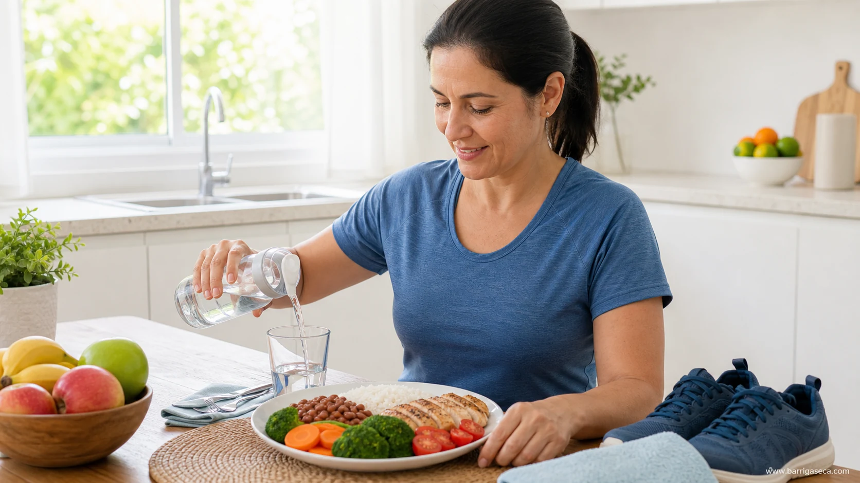 Como perder barriga com alimentação equilibrada, água e caminhada