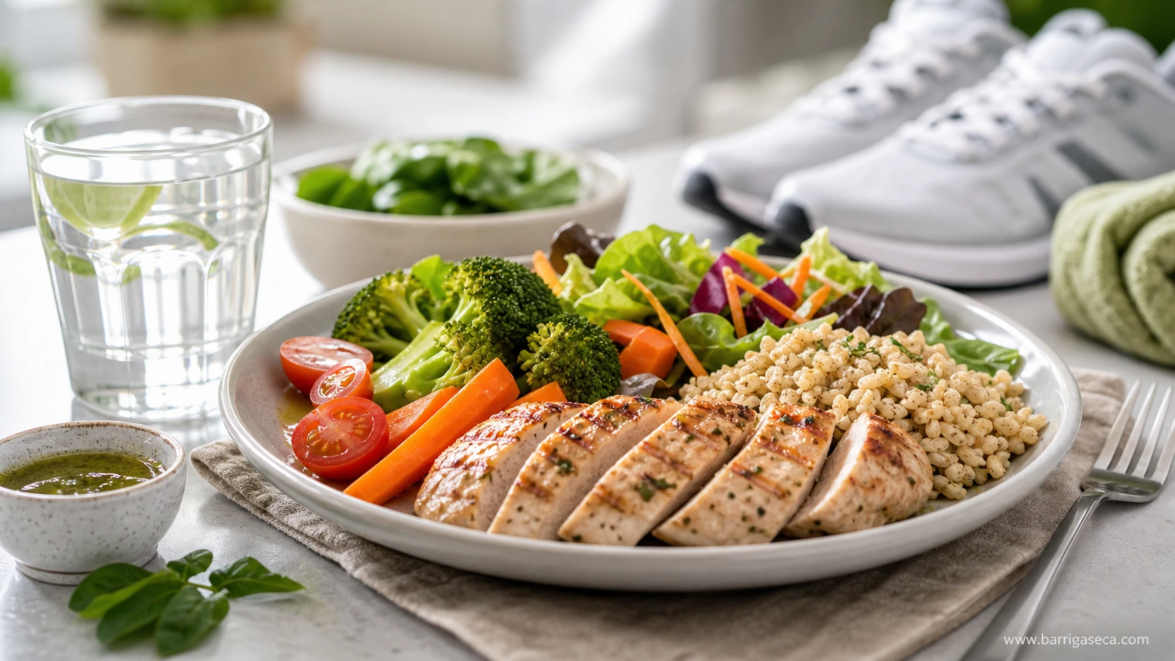 Prato com frango grelhado, quinoa e legumes, ao lado de tênis