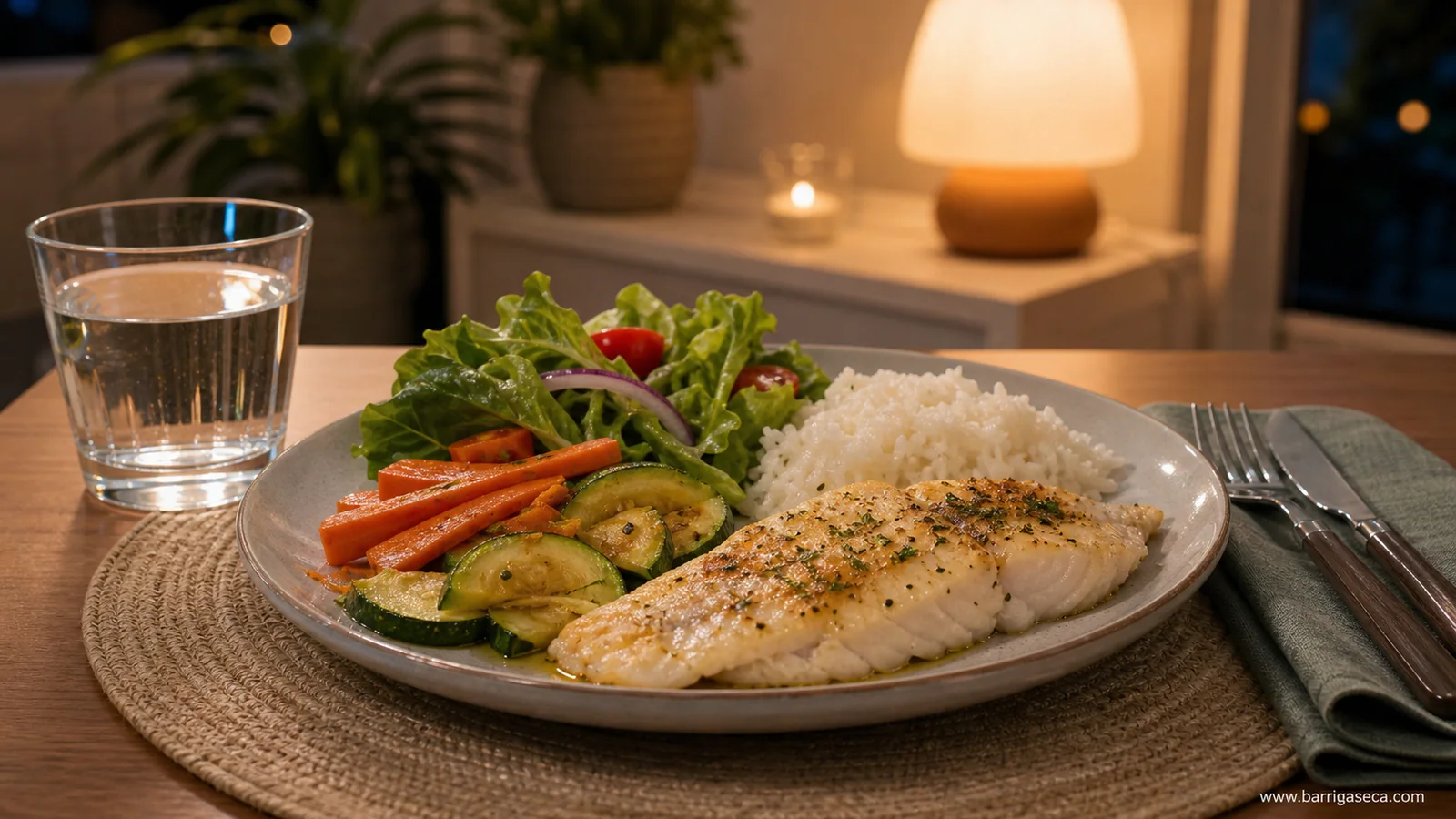 Jantar leve para acordar menos inchado com peixe, arroz e legumes