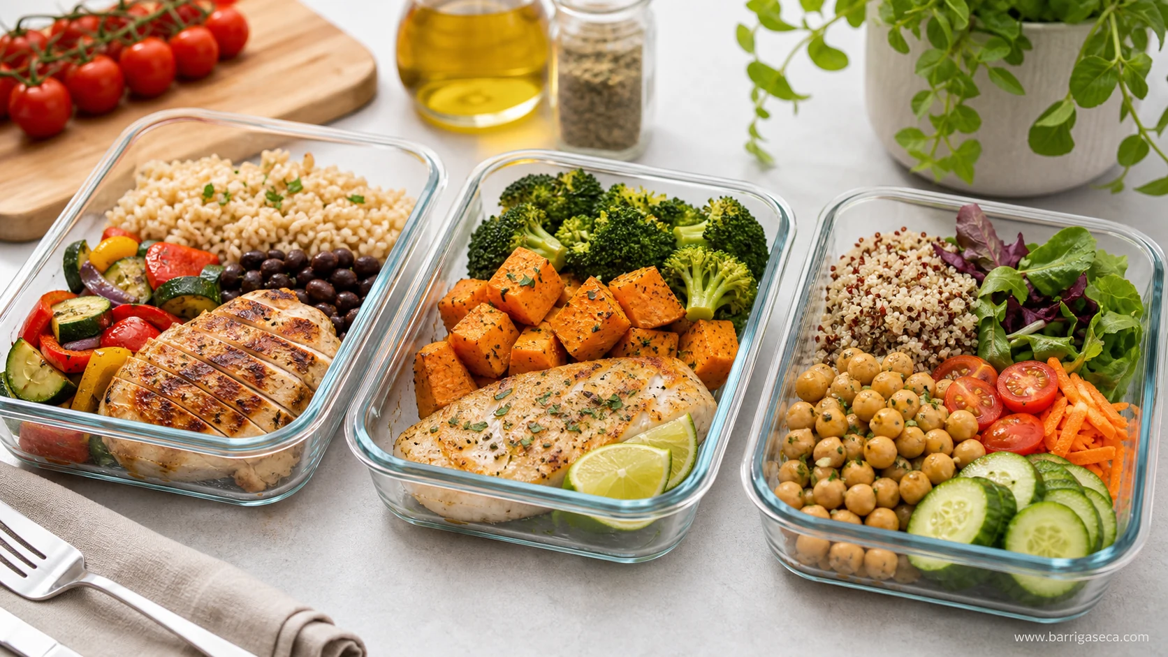 Três potes de refeição com frango, legumes e grãos