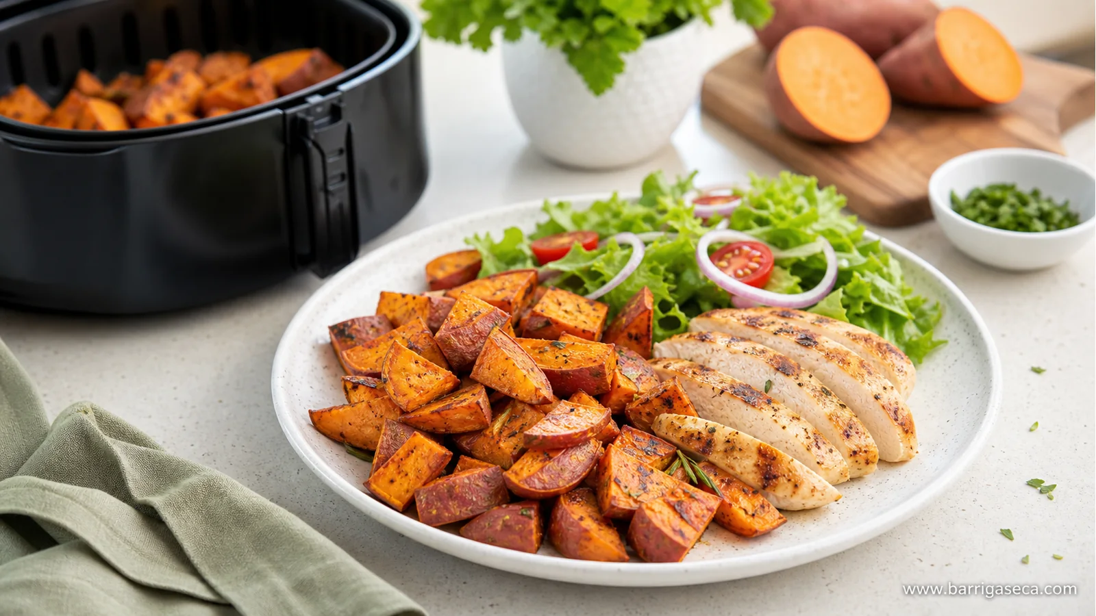 Receita simples de batata doce na airfryer para dieta servida com salada