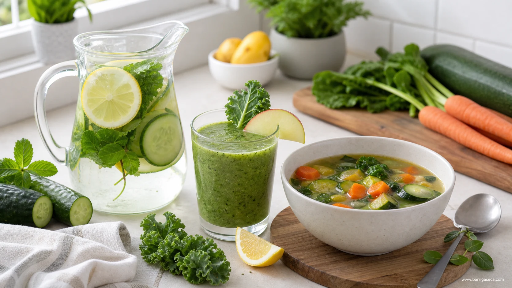 Receitas detox com água aromatizada, smoothie verde e sopa de legumes