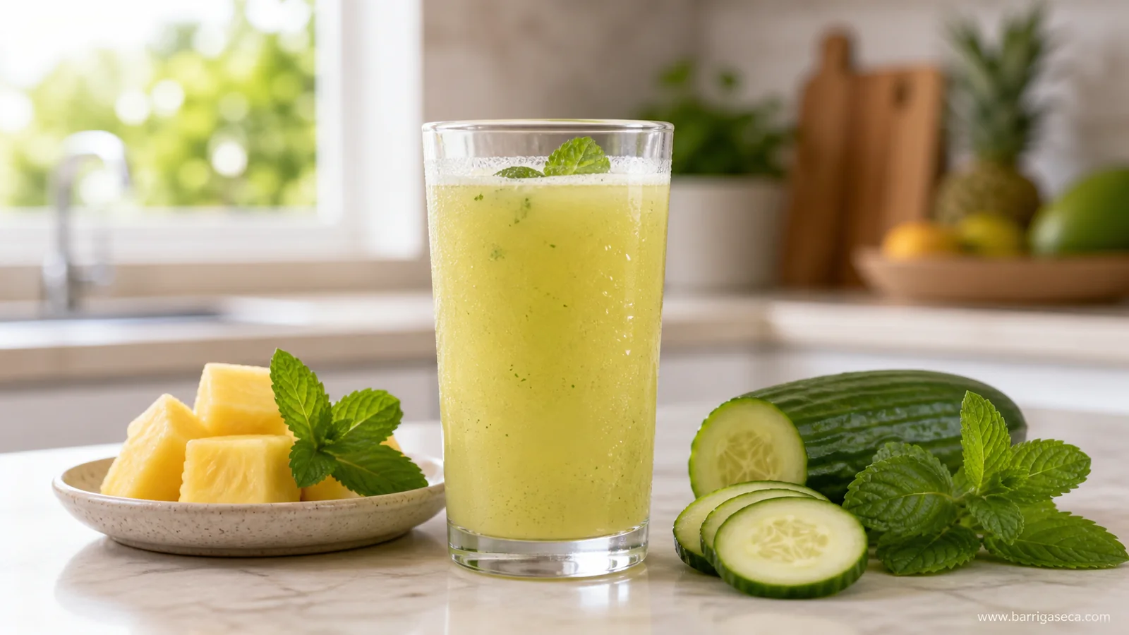 Suco natural para reduzir inchaço com abacaxi, pepino e hortelã