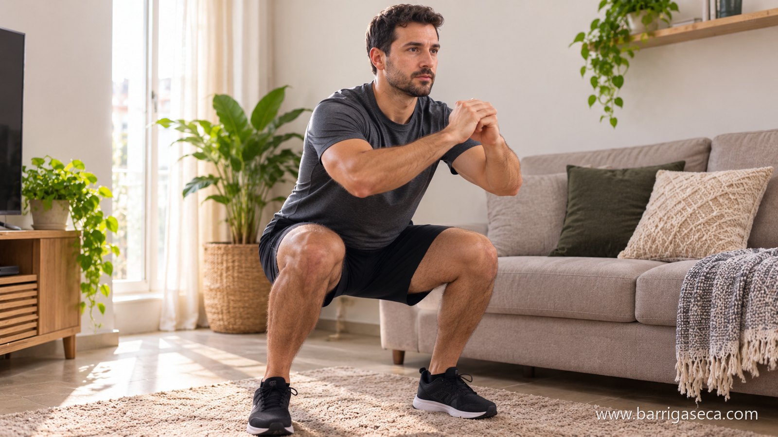 Homem fazendo agachamento na sala de casa