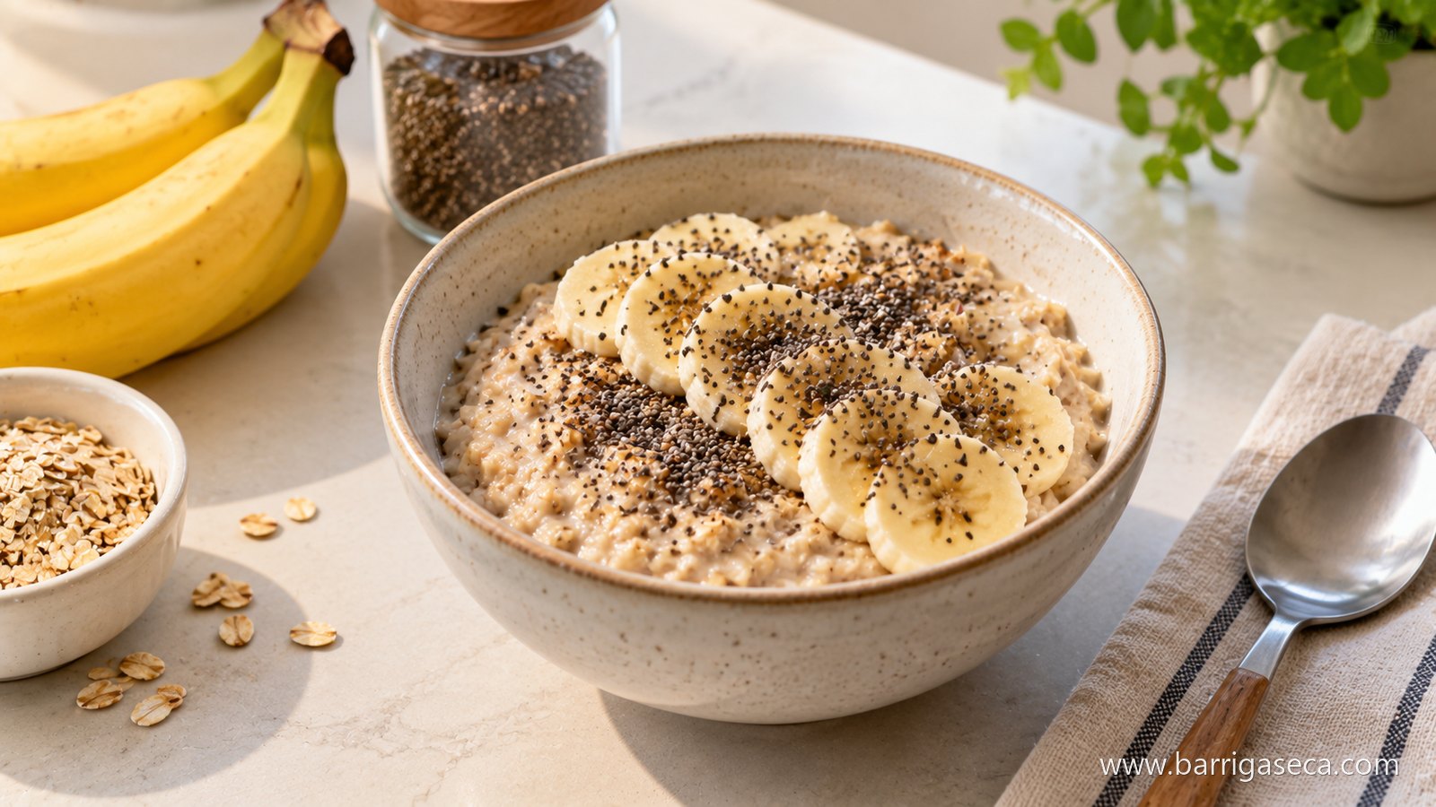 Tigela de aveia com banana fatiada e sementes de chia