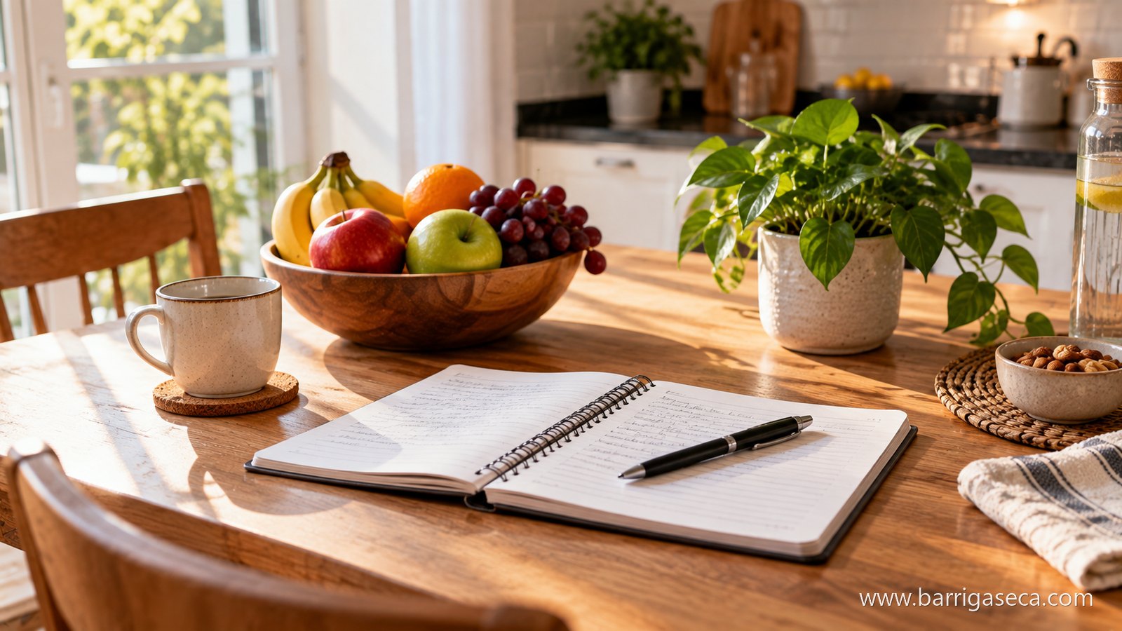 Caderno aberto e caneta sobre a mesa da cozinha, ao lado de uma taça de fruta