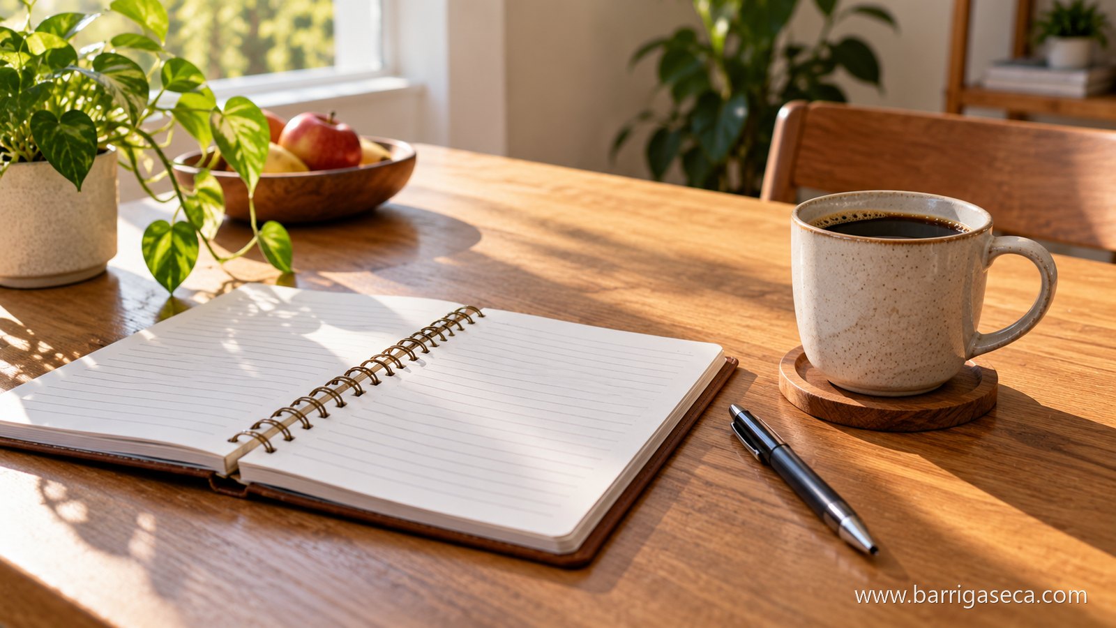 Caderno aberto com caneta ao lado de uma xícara de café