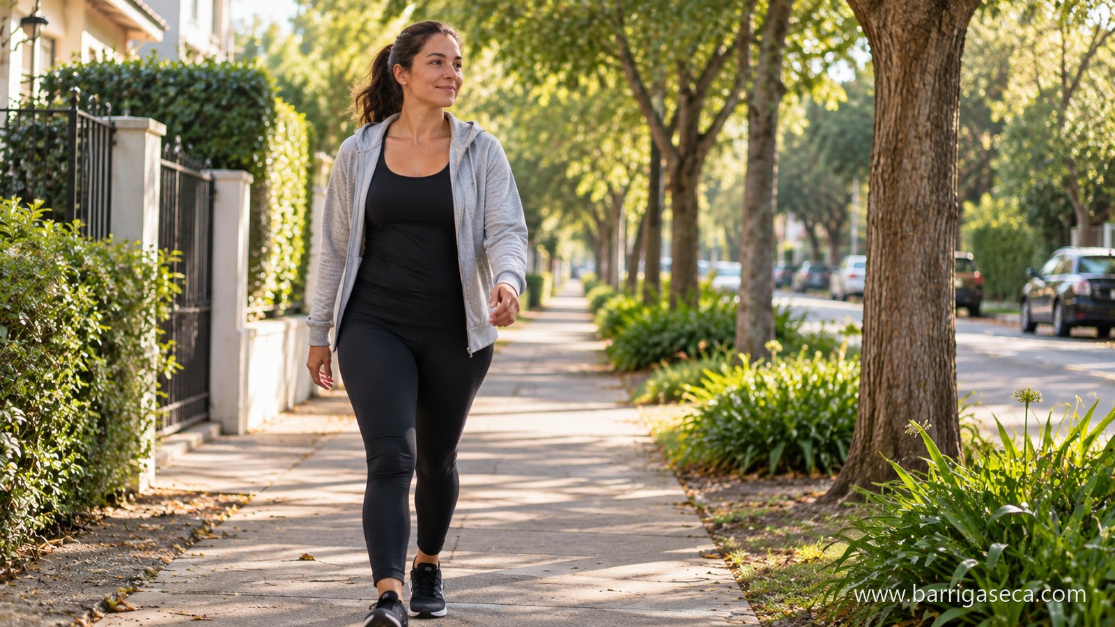 Mulher caminhando por uma calçada arborizada