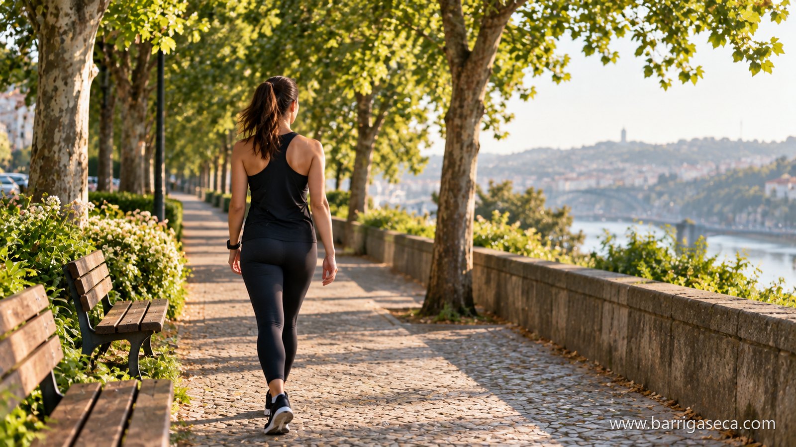 Mulher a caminhar num passeio arborizado ao início da manhã, vista de costas