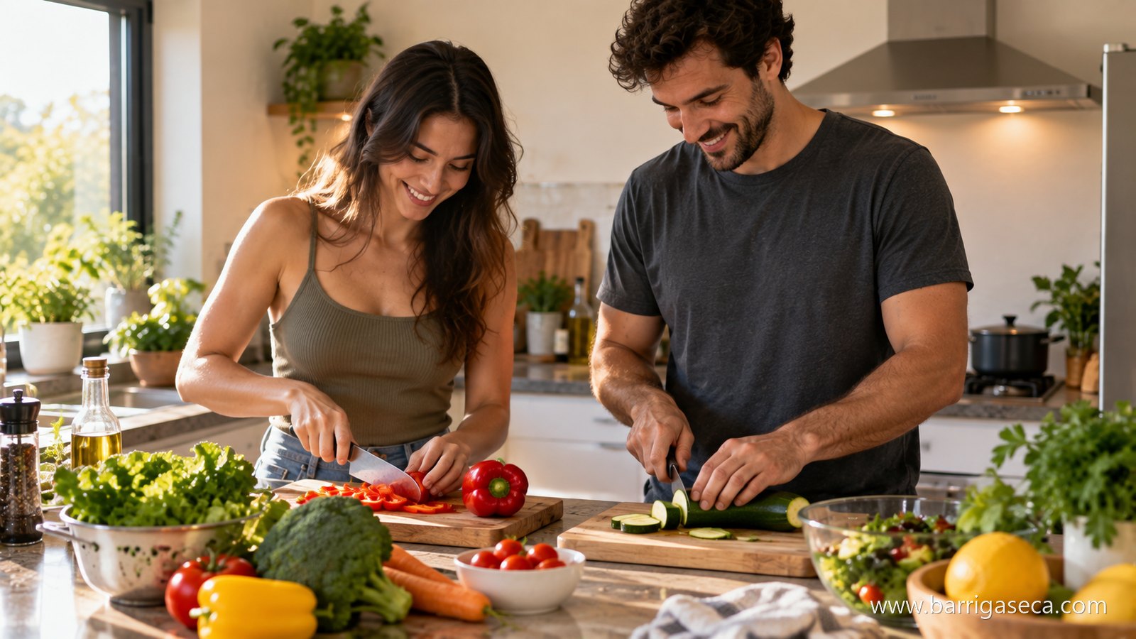 Casal a cortar legumes juntos na bancada da cozinha