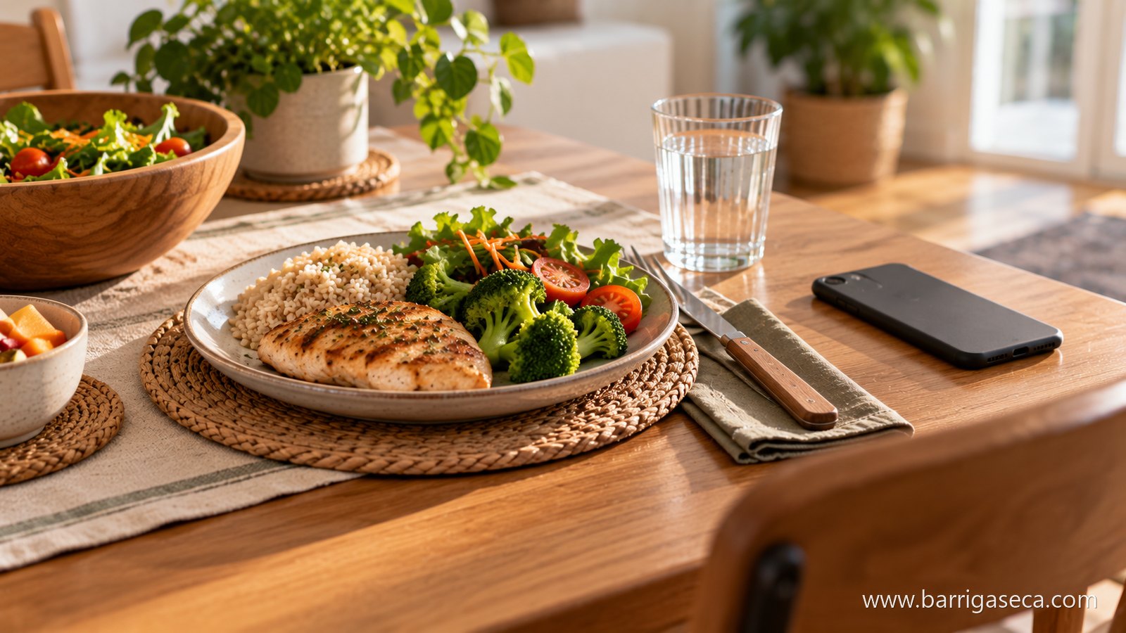 Prato com frango e salada na mesa, celular virado para baixo