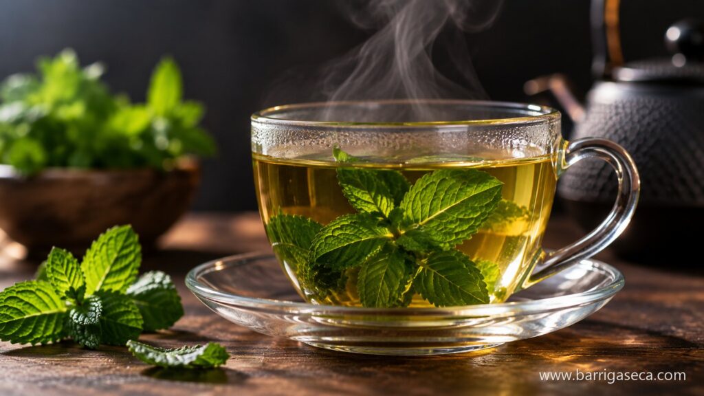 Chávena de chá transparente com folhas de hortelã e vapor a subir