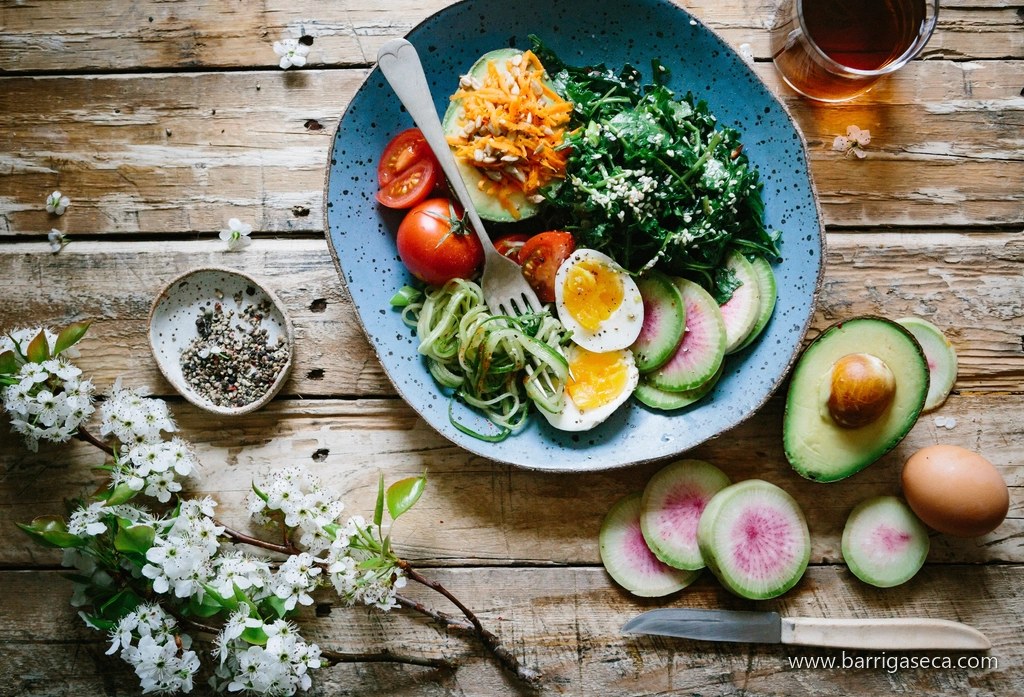 Prato com ovo, abacate, tomate e folhas verdes