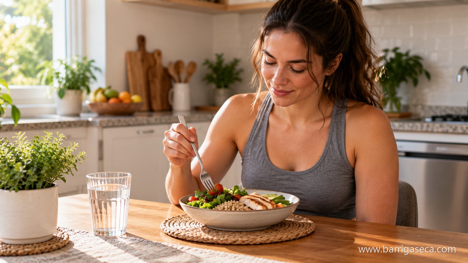 Mulher comendo devagar à mesa, com um copo de água ao lado