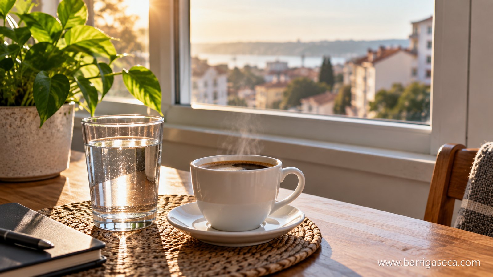 Copo de água e chávena de café sobre uma mesa junto à janela, ao início da manhã