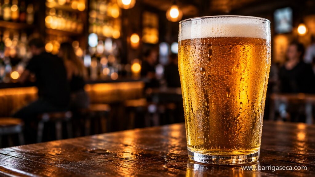 Copo de cerveja com condensação sobre uma mesa de madeira, num bar