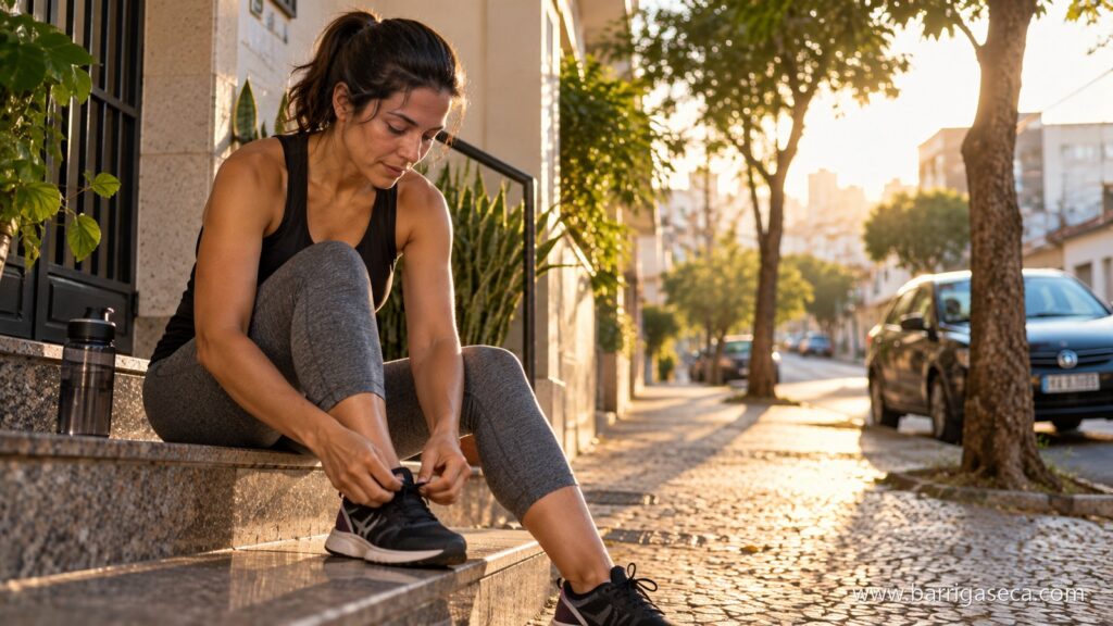 Mulher em roupa de treino amarra o tenis sentada na escada de um predio, numa rua arborizada ao nascer do sol
