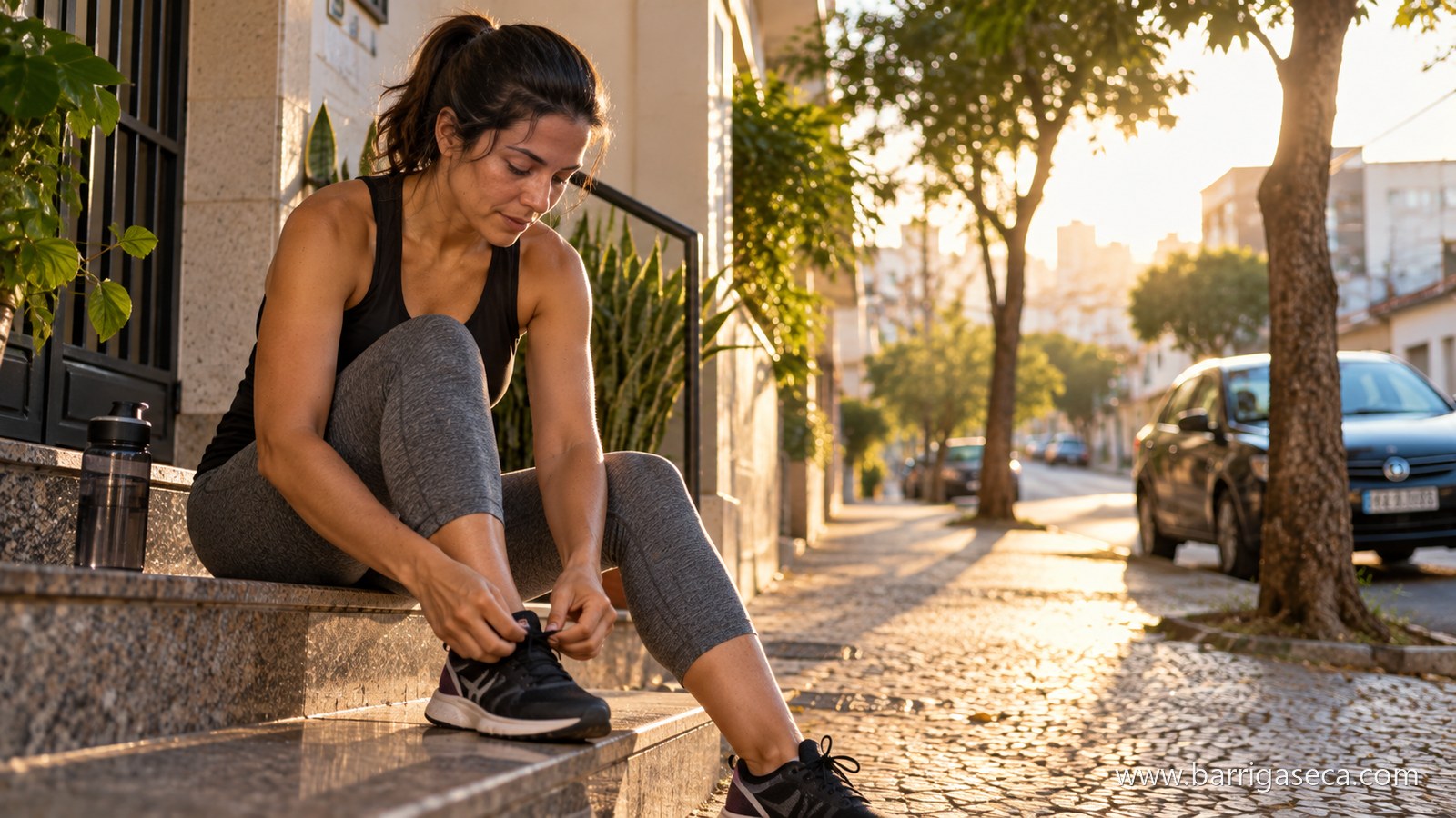 Mulher em roupa de treino amarra o tenis sentada na escada de um predio, numa rua arborizada ao nascer do sol