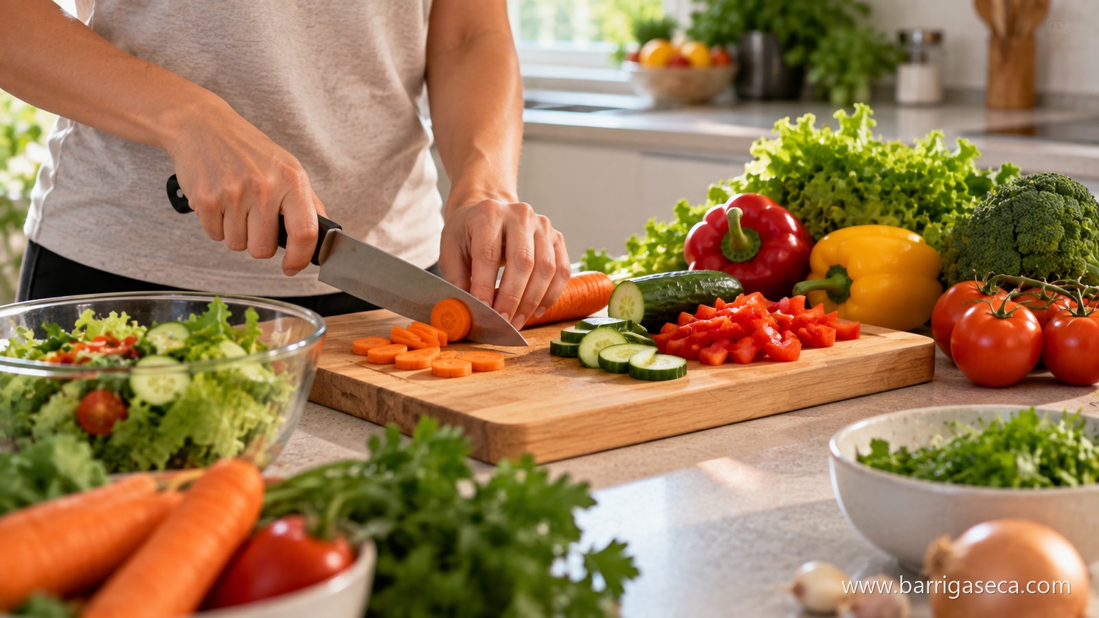 Pessoa cortando cenoura e pimentão na tábua, com salada ao lado