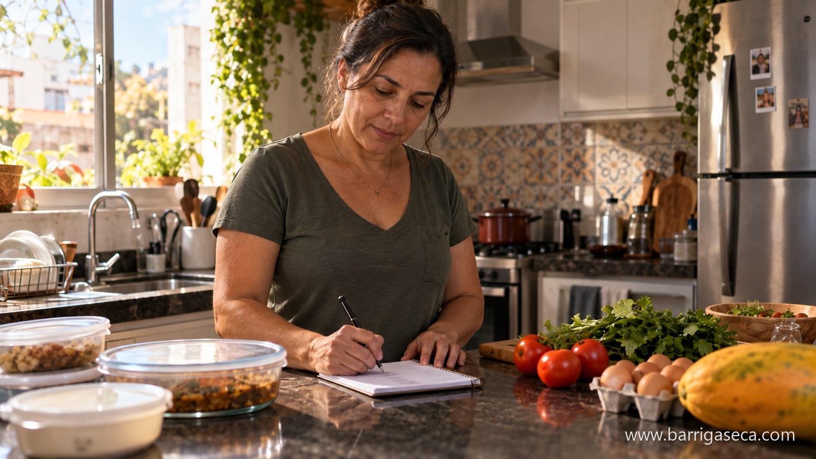 Mulher escreve uma lista na bancada da cozinha, com potes de sobras de um lado e tomates, ovos e verduras do outro