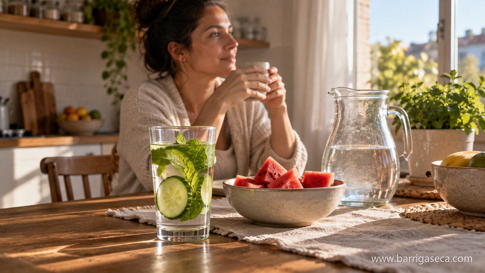 Copo de agua com pepino e hortela e uma tigela de melancia numa mesa de cozinha, com uma mulher a tomar cha ao fundo