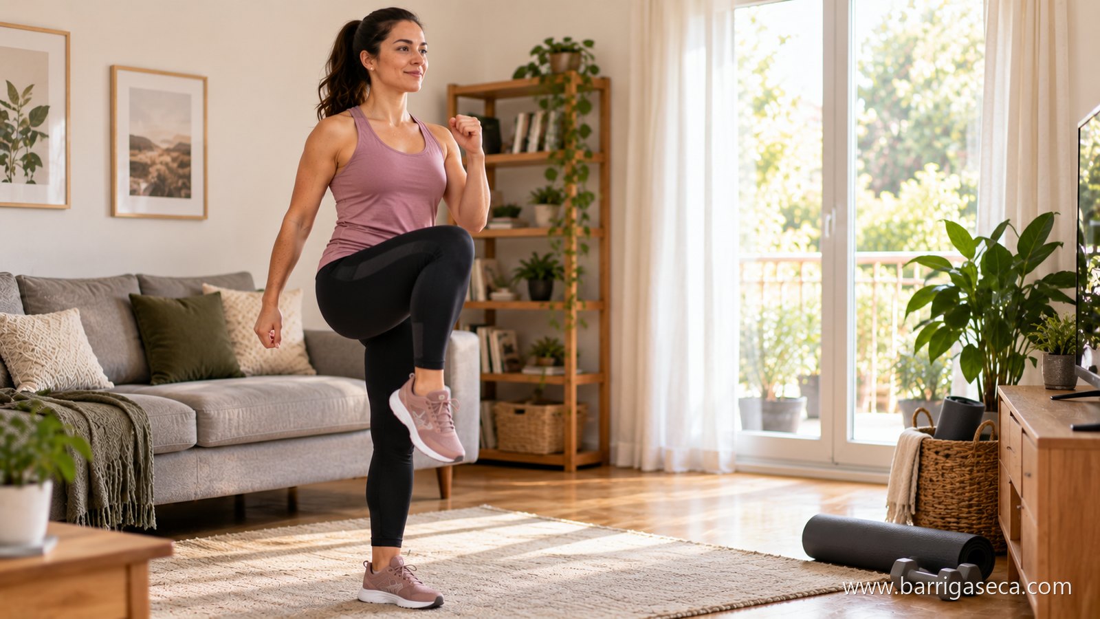 Mulher elevando o joelho durante exercício na sala