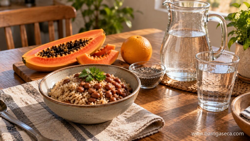 Tigela de arroz integral com feijao, mamao, laranja, sementes de chia e uma jarra de agua com copo cheio numa mesa de madeira