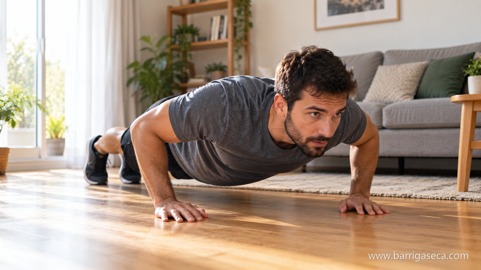 Homem fazendo flexão de braço no chão da sala