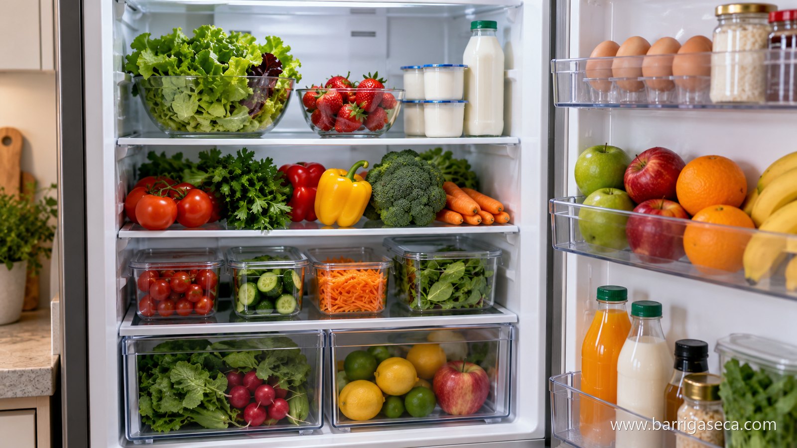 Frigorífico aberto com legumes, fruta e iogurtes arrumados nas prateleiras