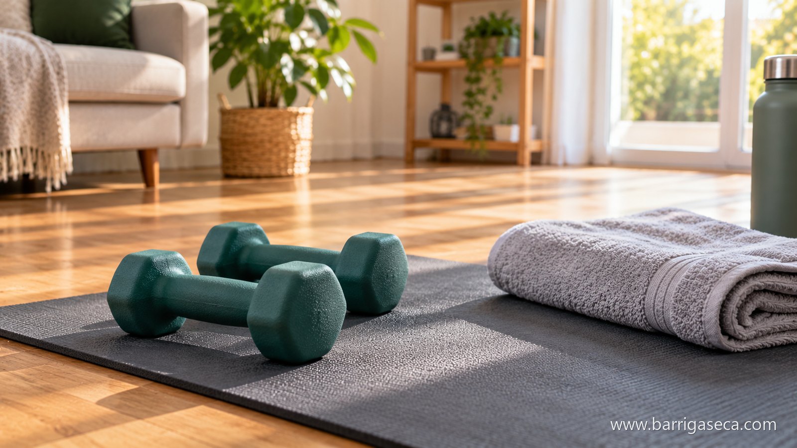 Par de halteres e uma toalha enrolada sobre o tapete de exercício