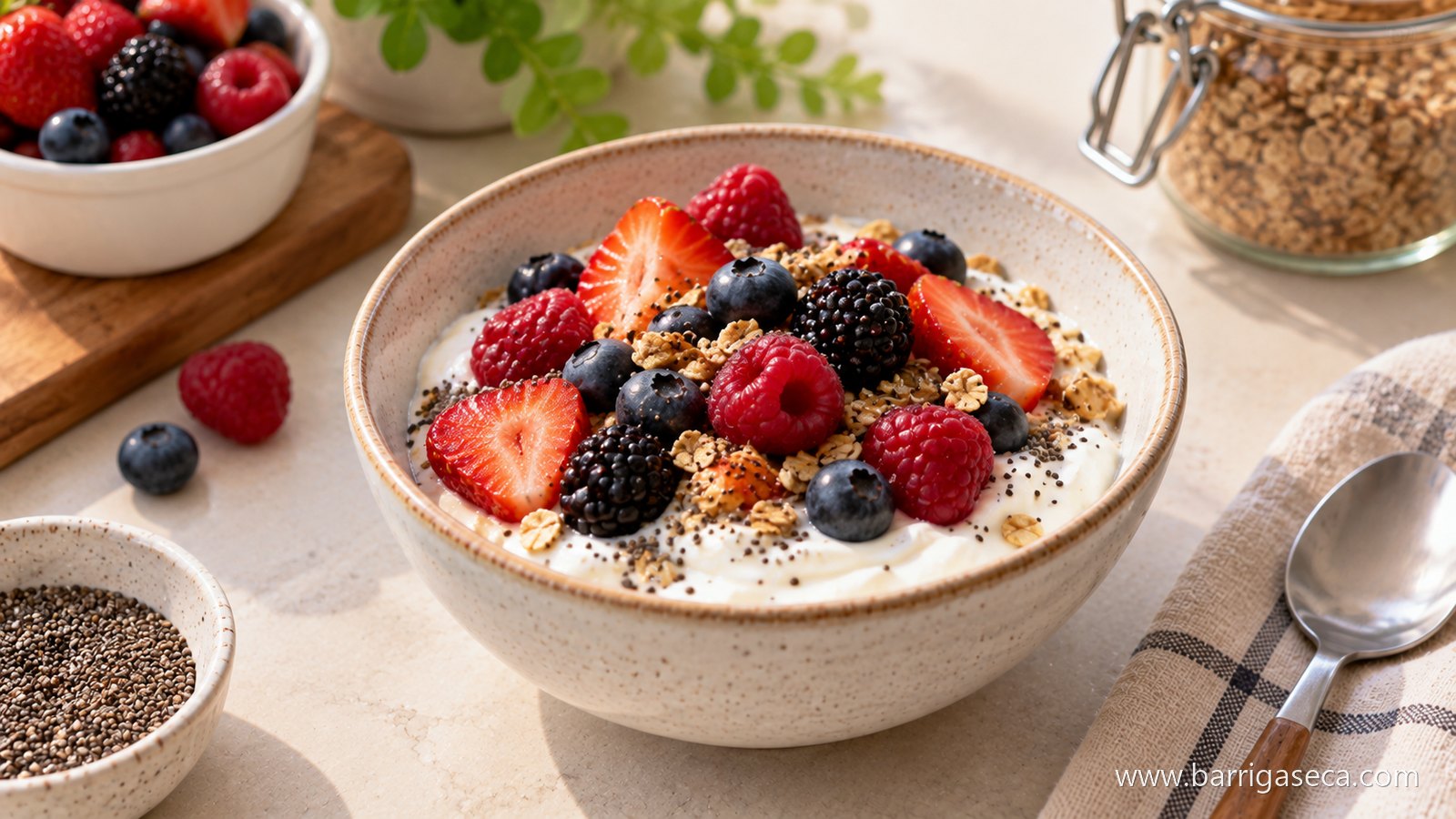 Tigela de iogurte com morango, mirtilo e granola