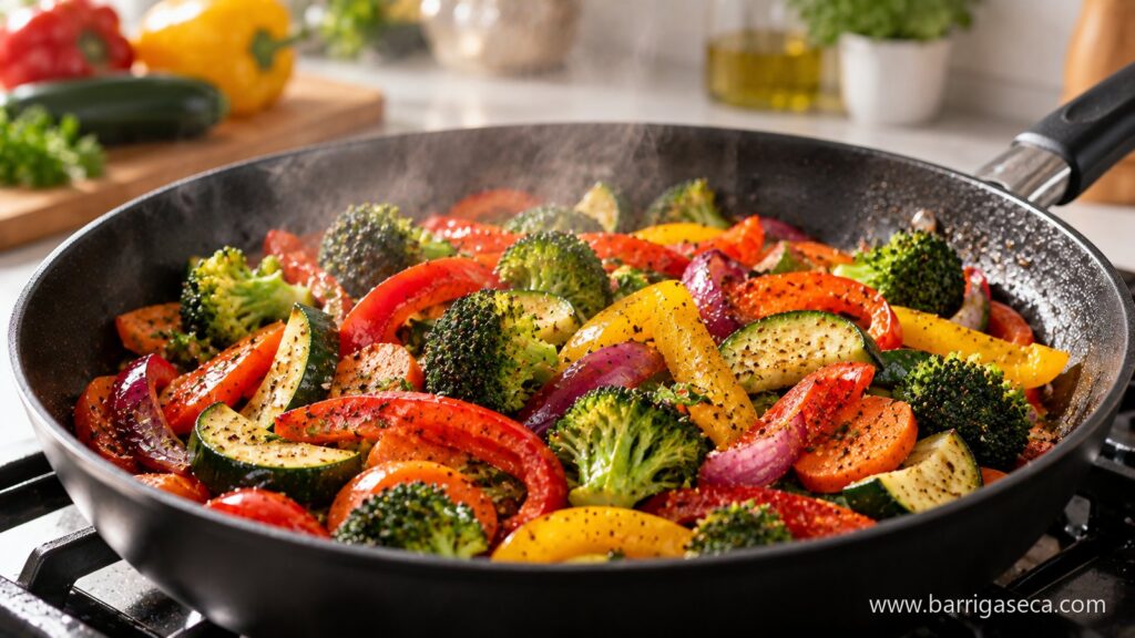 Frigideira com legumes coloridos salteados sobre o fogão