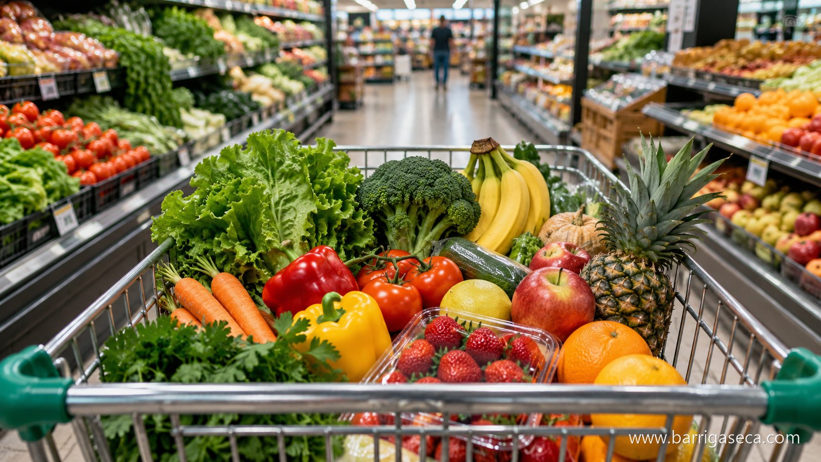 Carrinho de supermercado cheio de frutas, legumes e verduras