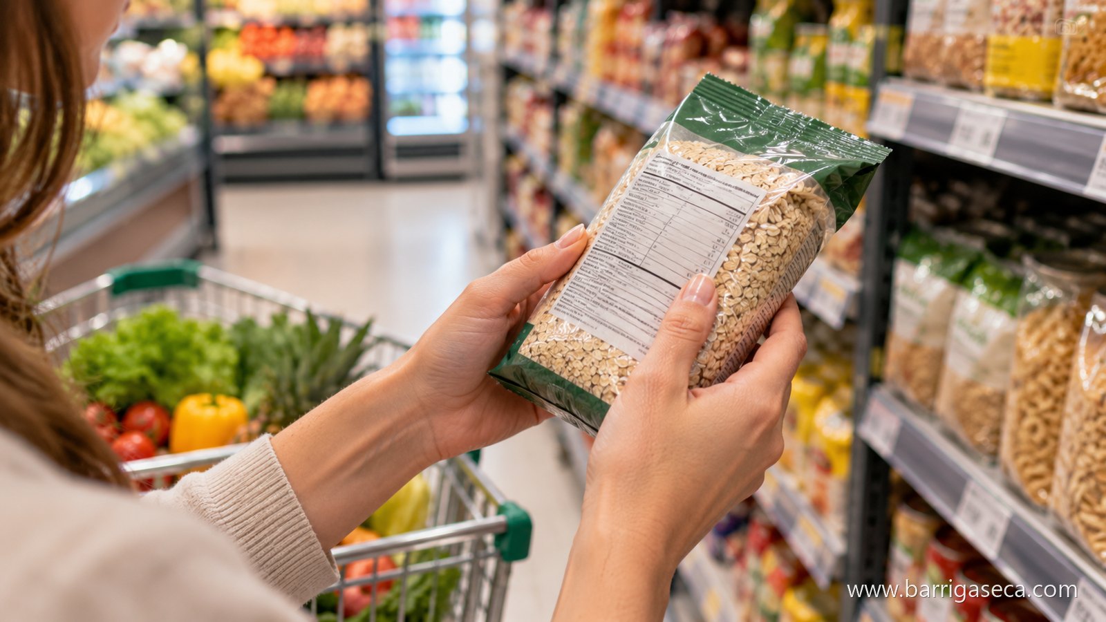 Mãos segurando uma embalagem e lendo o rótulo no supermercado