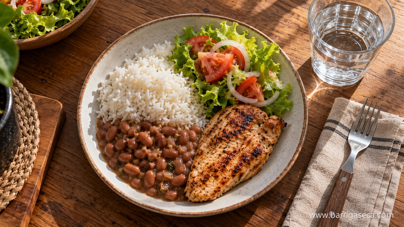 Prato caseiro visto de cima com arroz, feijao, file de frango grelhado e salada de alface, tomate e cebola