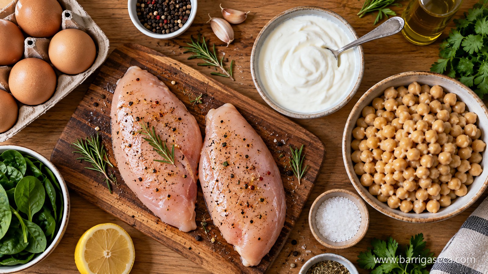 Bancada com ovos, peito de frango temperado, iogurte natural e grão-de-bico