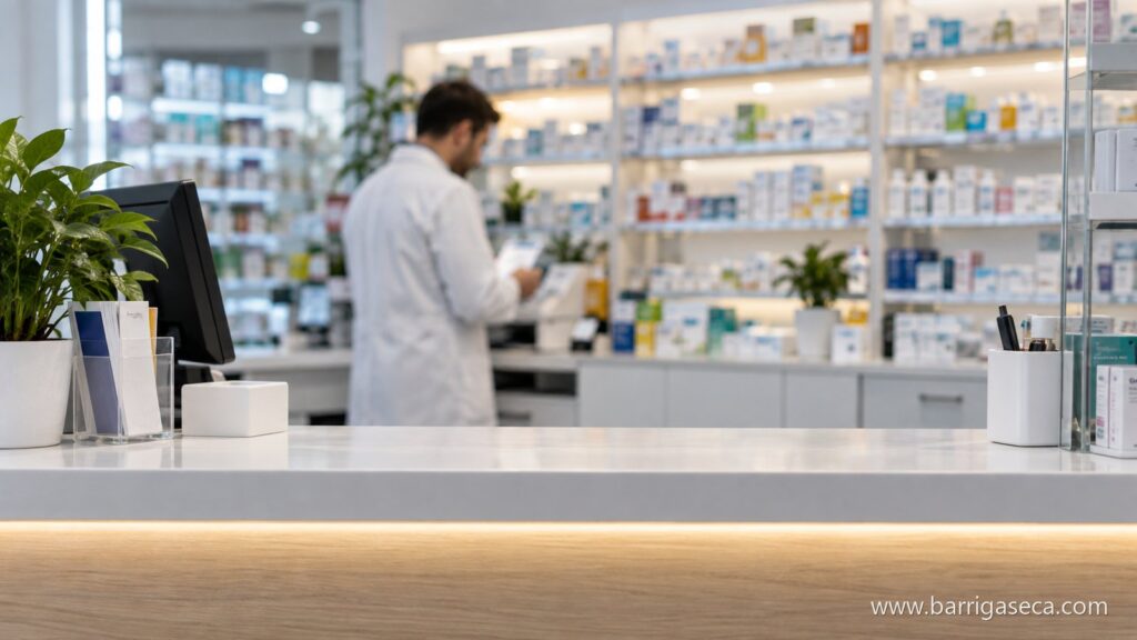 Balcão de uma farmácia com prateleiras de medicamentos ao fundo