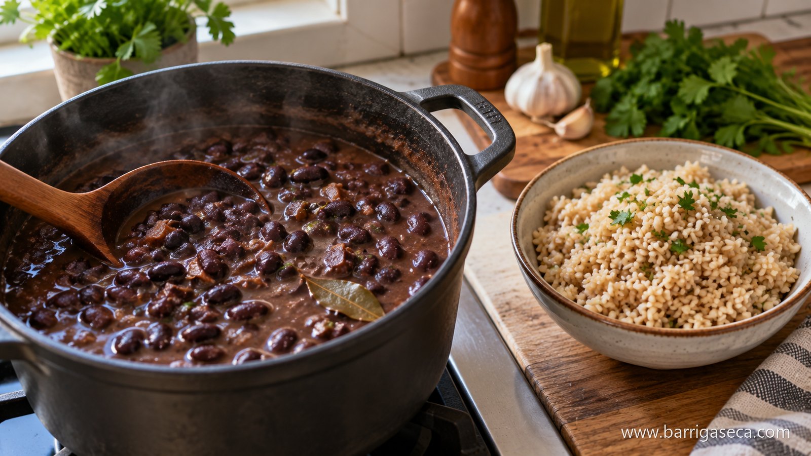 Panela de feijão cozinhado ao lado de uma taça de arroz integral