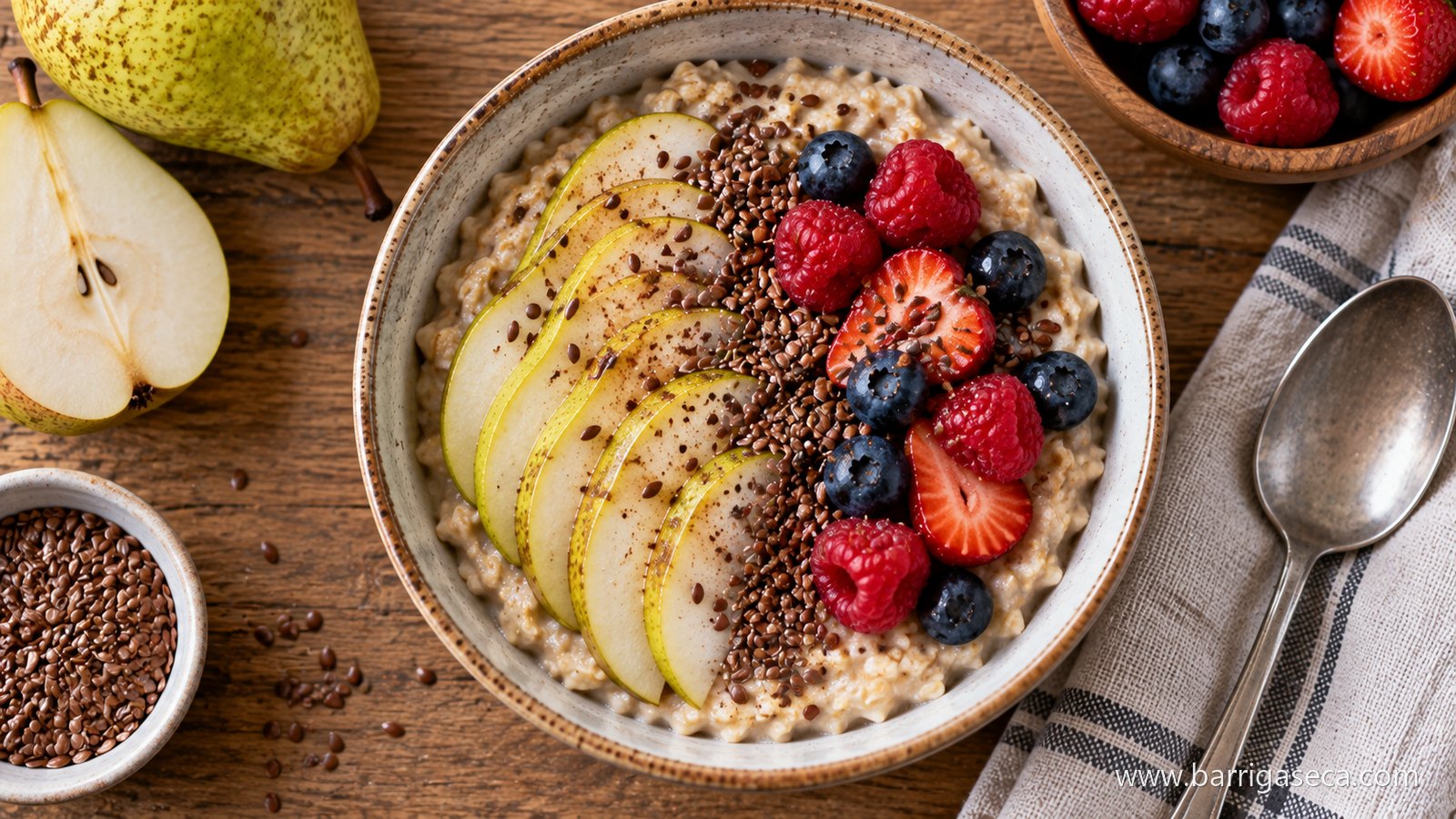 Tigela de papa de aveia com pera fatiada, sementes de linhaça e frutos vermelhos