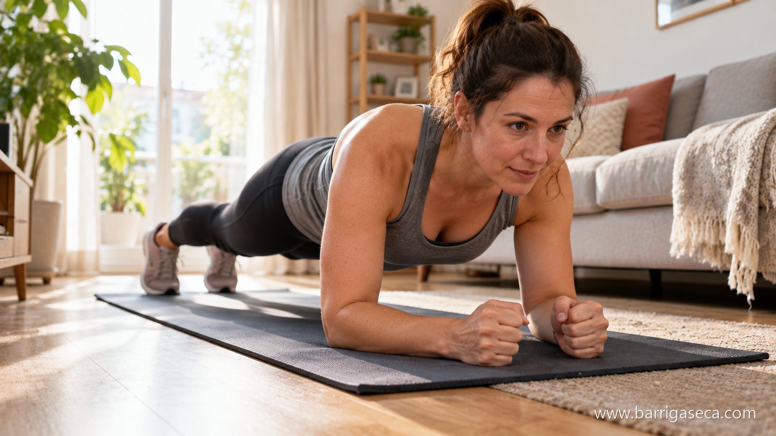 Mulher fazendo prancha sobre um tapete de exercício na sala