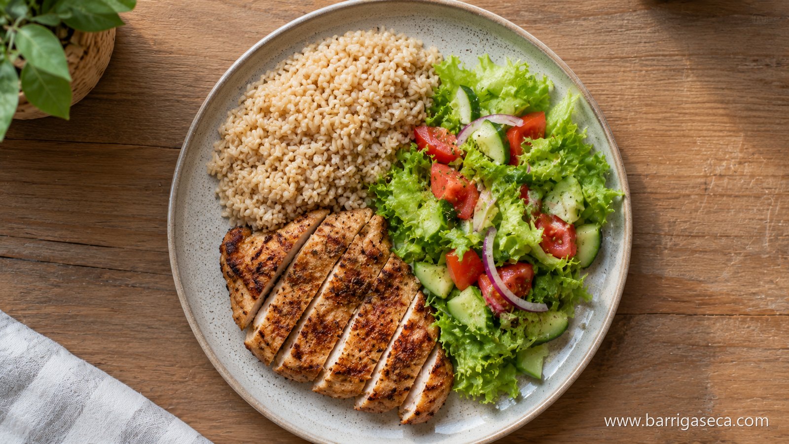 Prato com frango grelhado, quinoa e salada, visto de cima