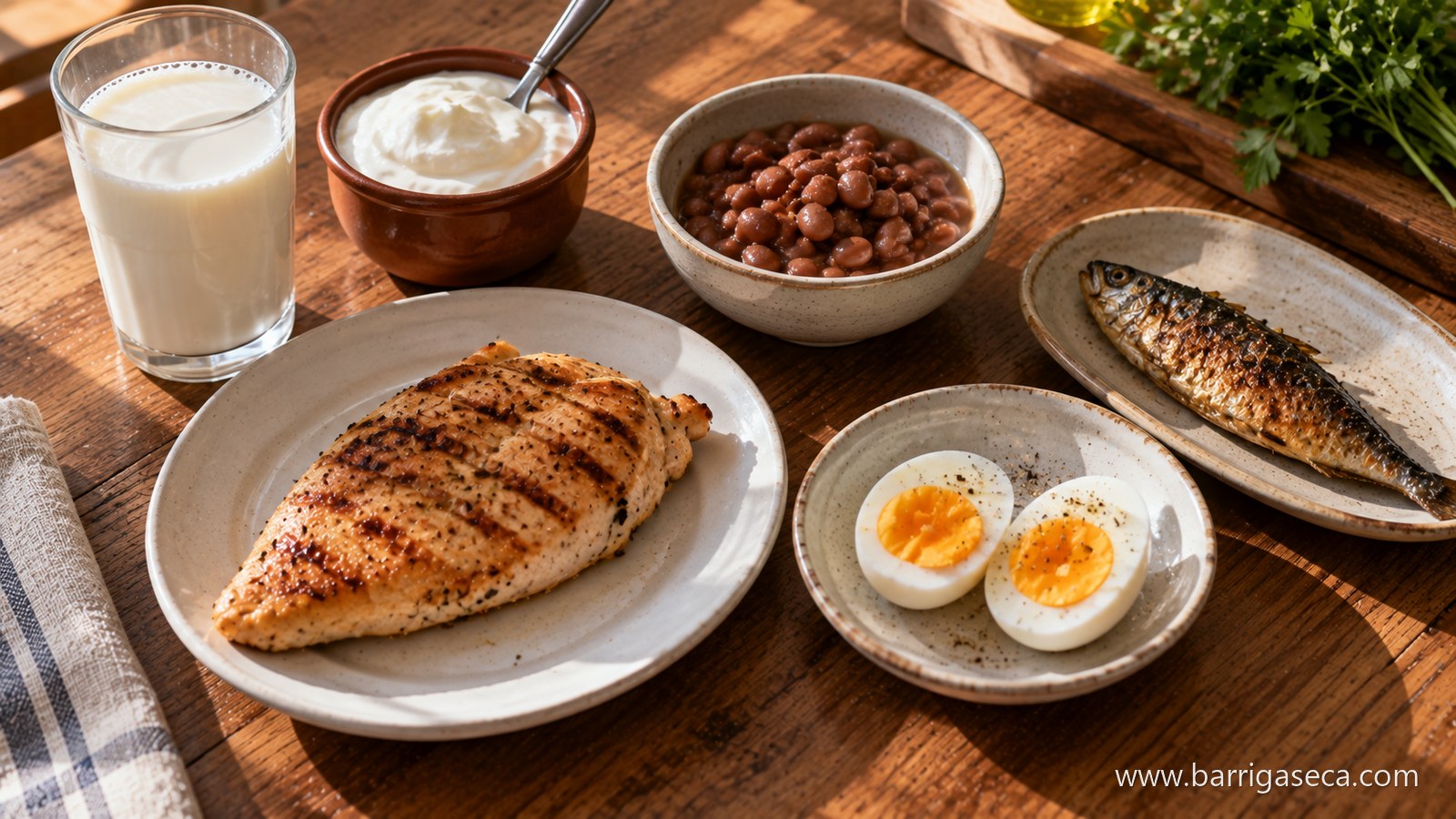 File de frango grelhado, ovos cozidos, tigela de feijao, sardinha assada, copo de leite e iogurte natural numa mesa de madeira