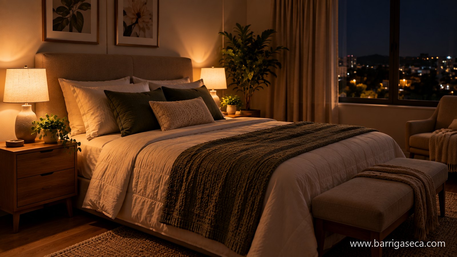 Quarto à noite com abajur aceso na mesa de cabeceira