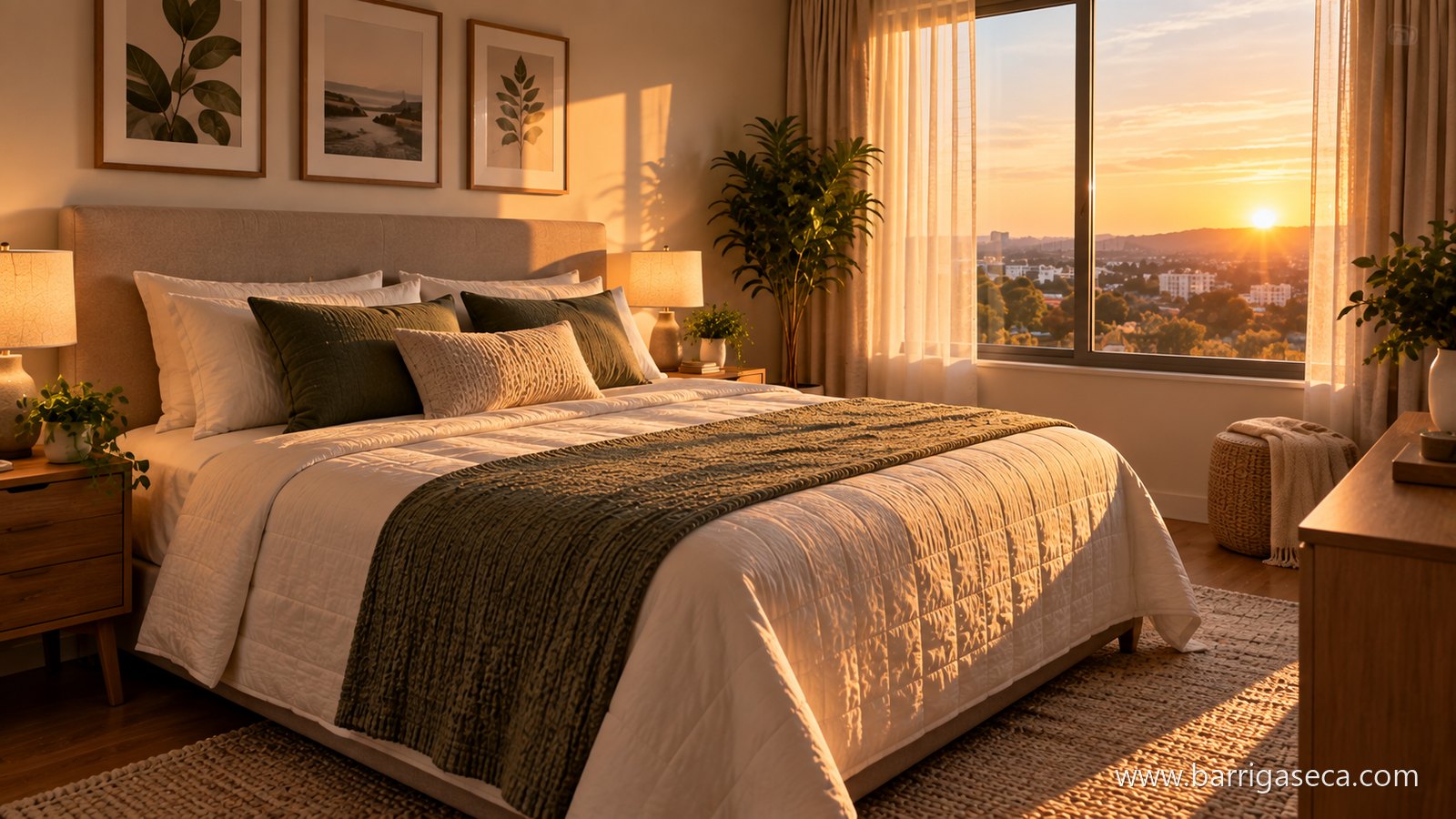 Quarto arrumado com a cama feita e luz do fim da tarde na janela