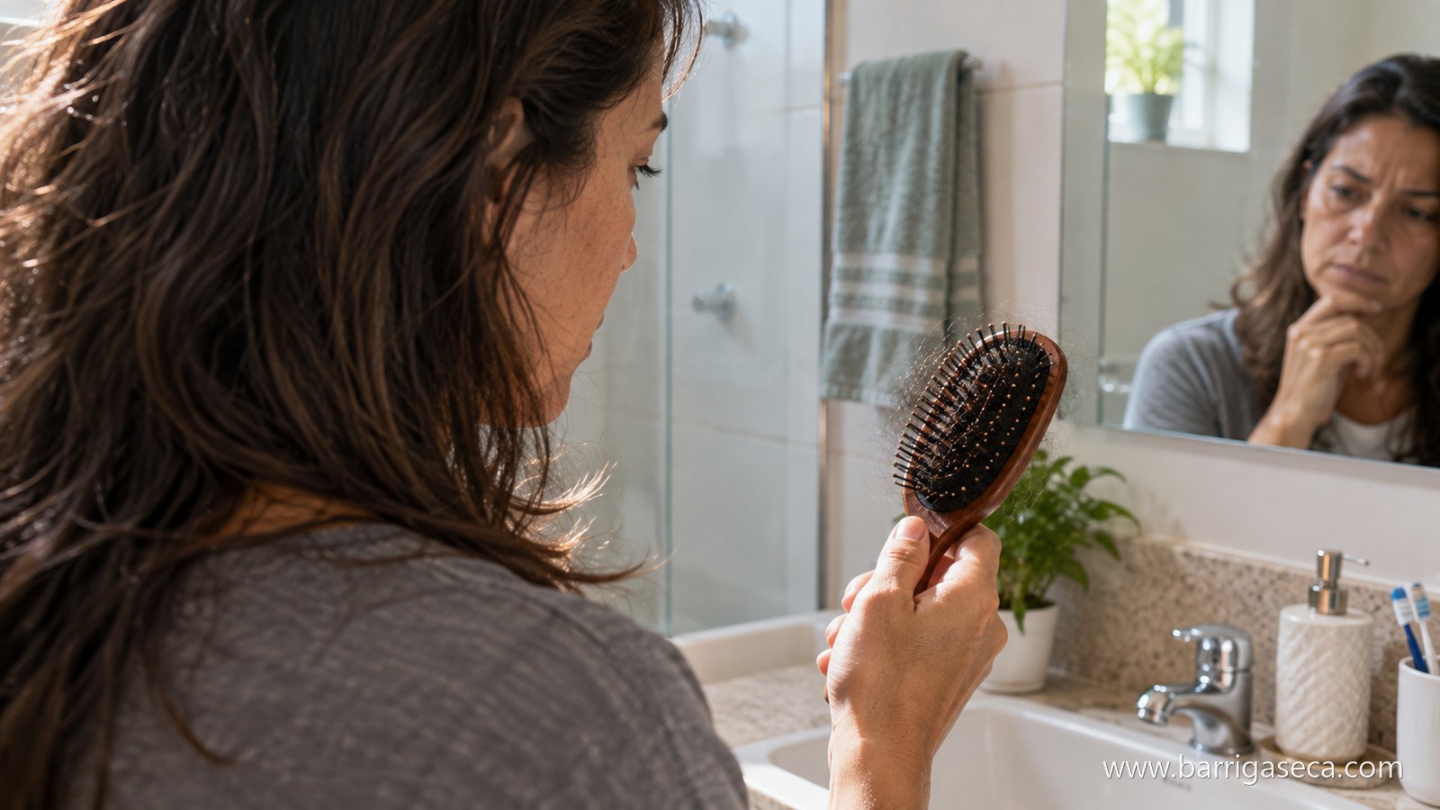 Mulher observa com preocupacao os fios presos na escova de cabelo, diante do espelho do banheiro