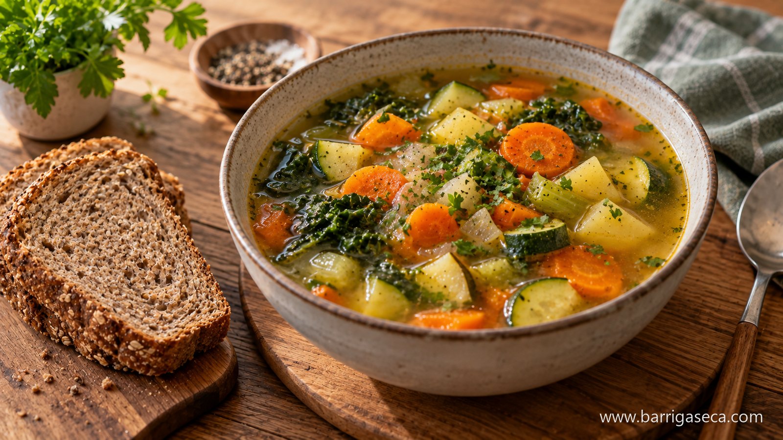 Tigela de sopa de legumes com fatias de pão integral ao lado