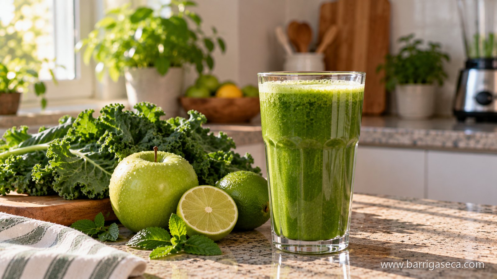 Copo de suco verde ao lado de couve, maçã e limão