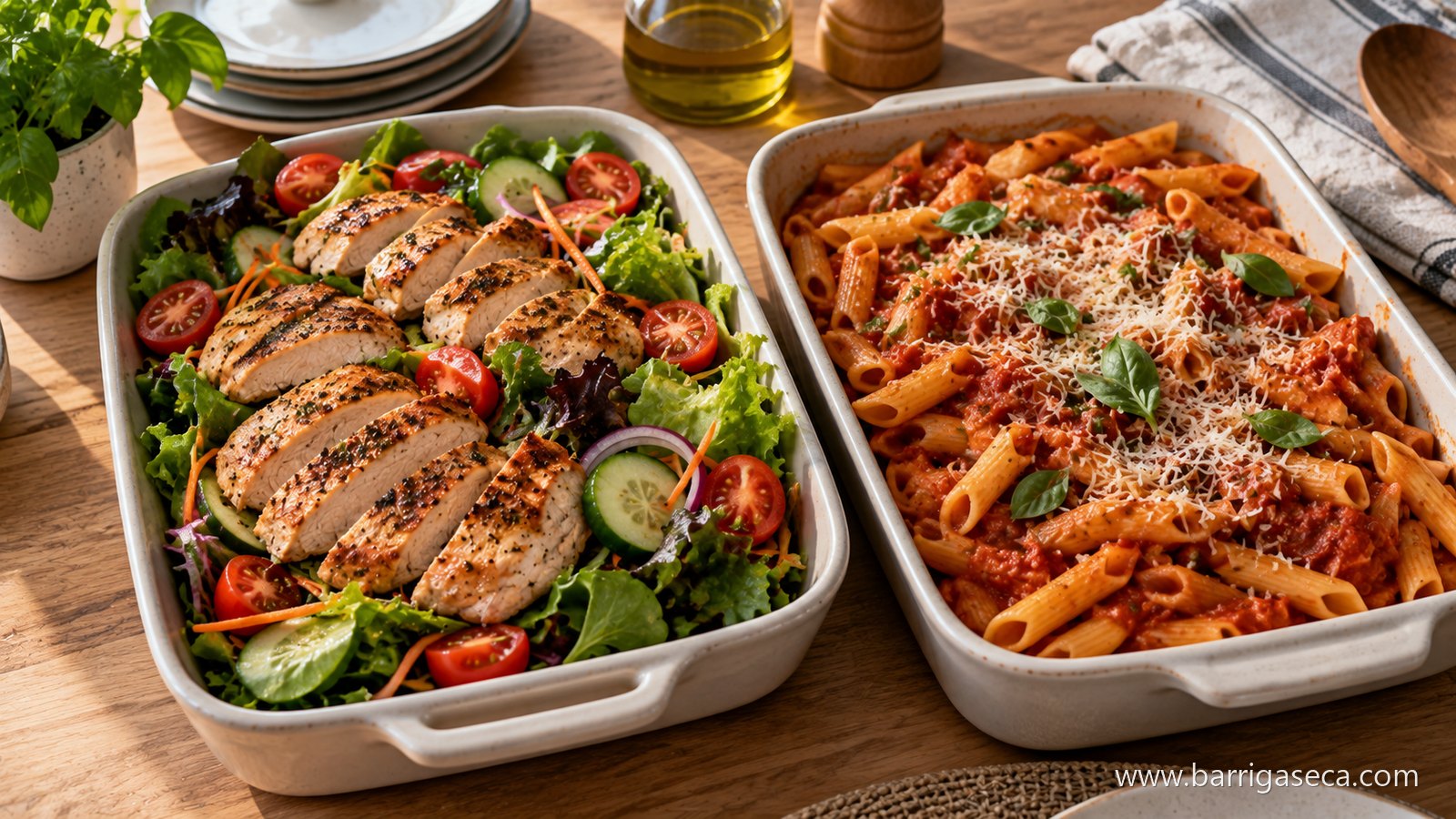 Duas travessas lado a lado, uma com frango e salada e outra com massa e molho de tomate